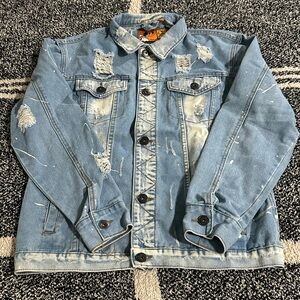 Rolling Paper Distressed Paint Splatter Bleached Ripped Denim Jean Jacket size L